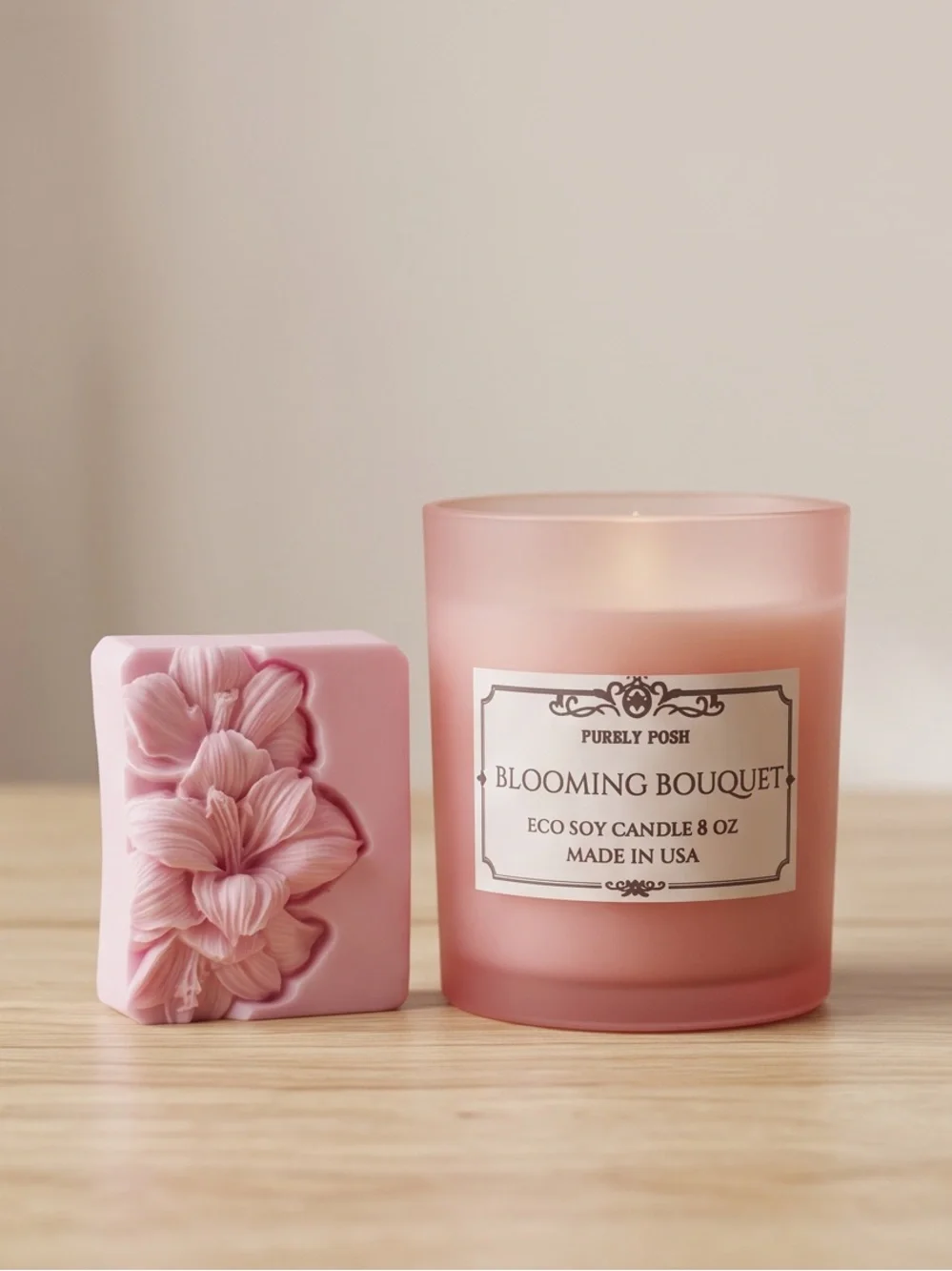 Blooming Bouquet Pink Floral Soy Candle • Soap • Lip balm In window Gift box set
